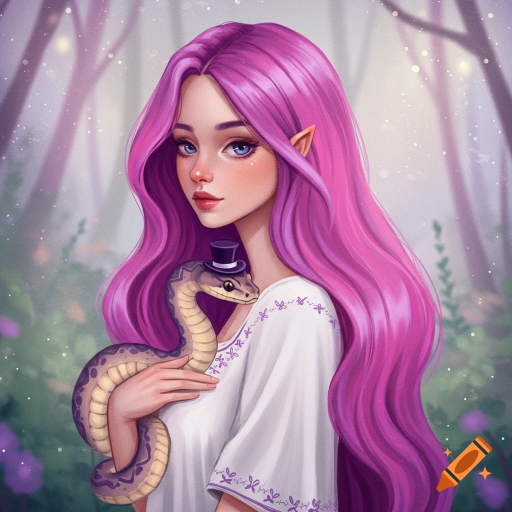 A woman with purple hair is holding a snake wearing a tiny hat in a forest.