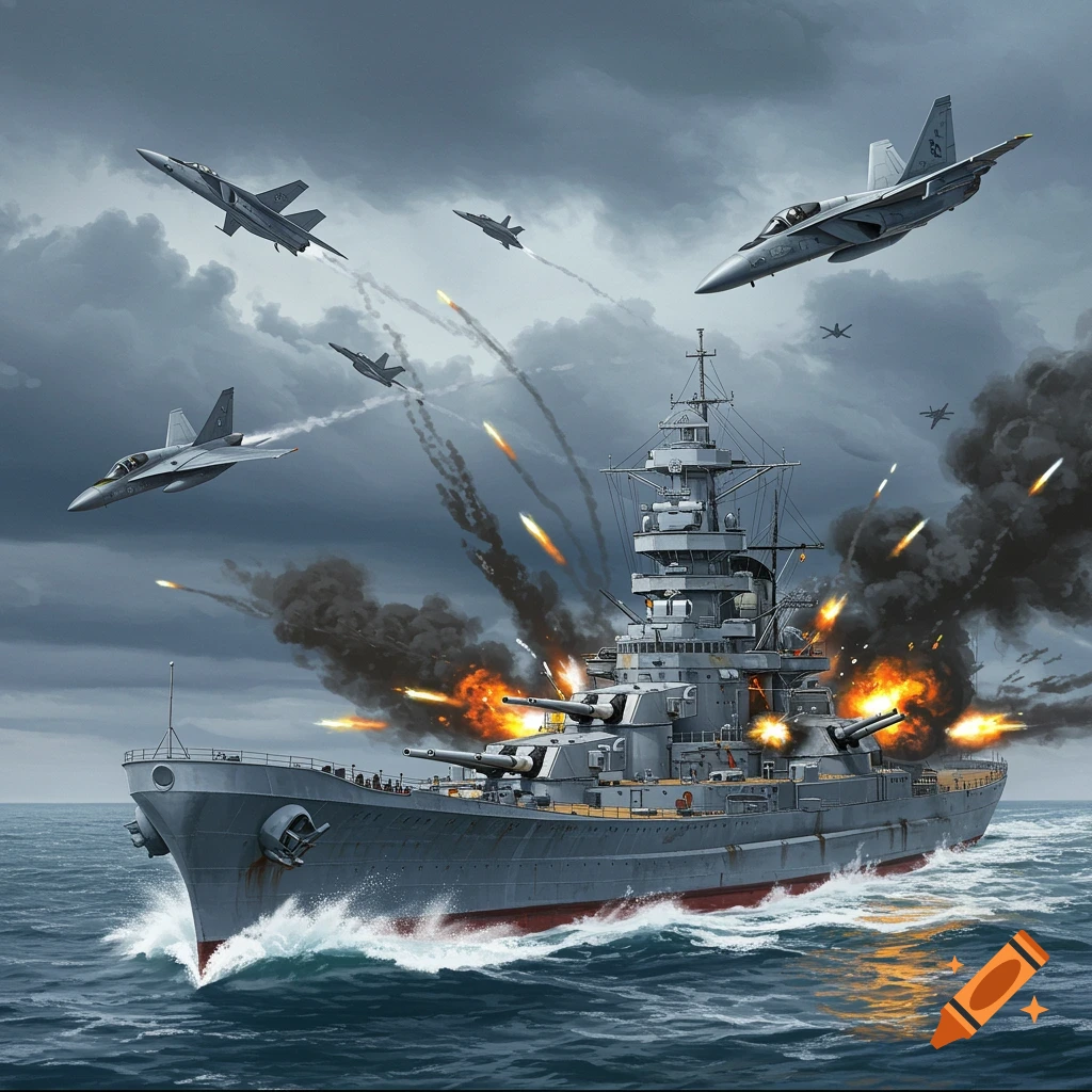 Illustration of a World War II battleship under attack by modern jet fighters.