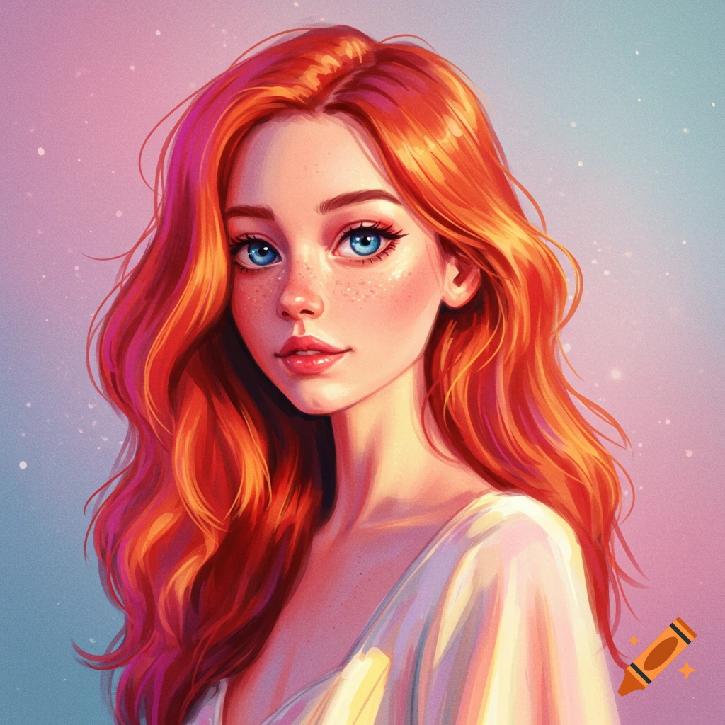 portrait of a young woman with long bright red hair and blue eyes, against a soft pink and blue background.