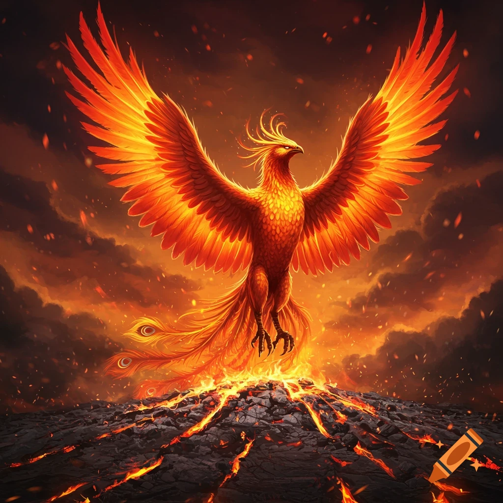 A vibrant image of a fiery Phoenix rising from ashes and lava, wings spread.