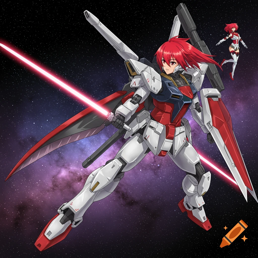 Red-haired anime character in a white, red, and blue mech suit holds red energy swords in space.