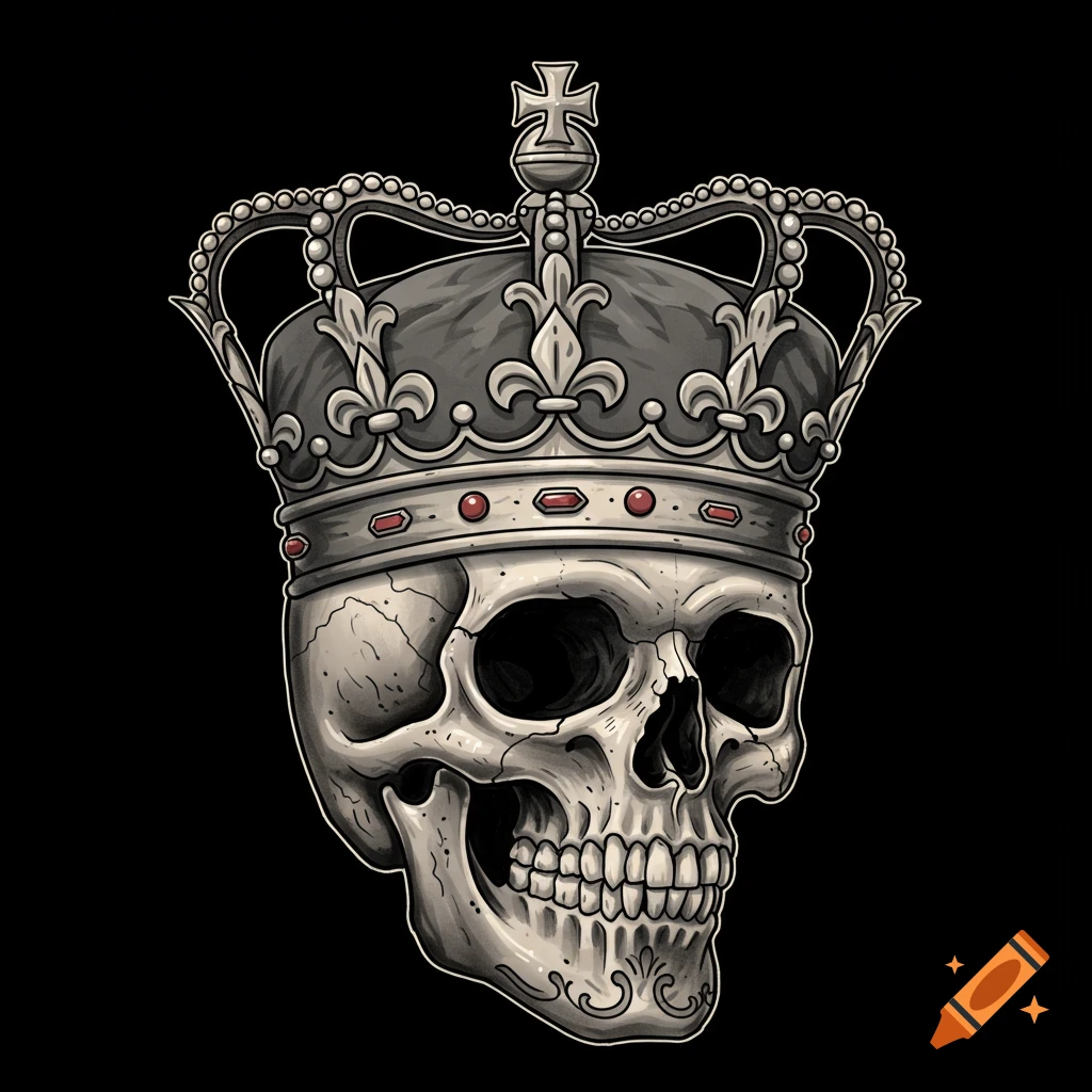 Illustration of a skull wearing a crown in traditional tattoo style.