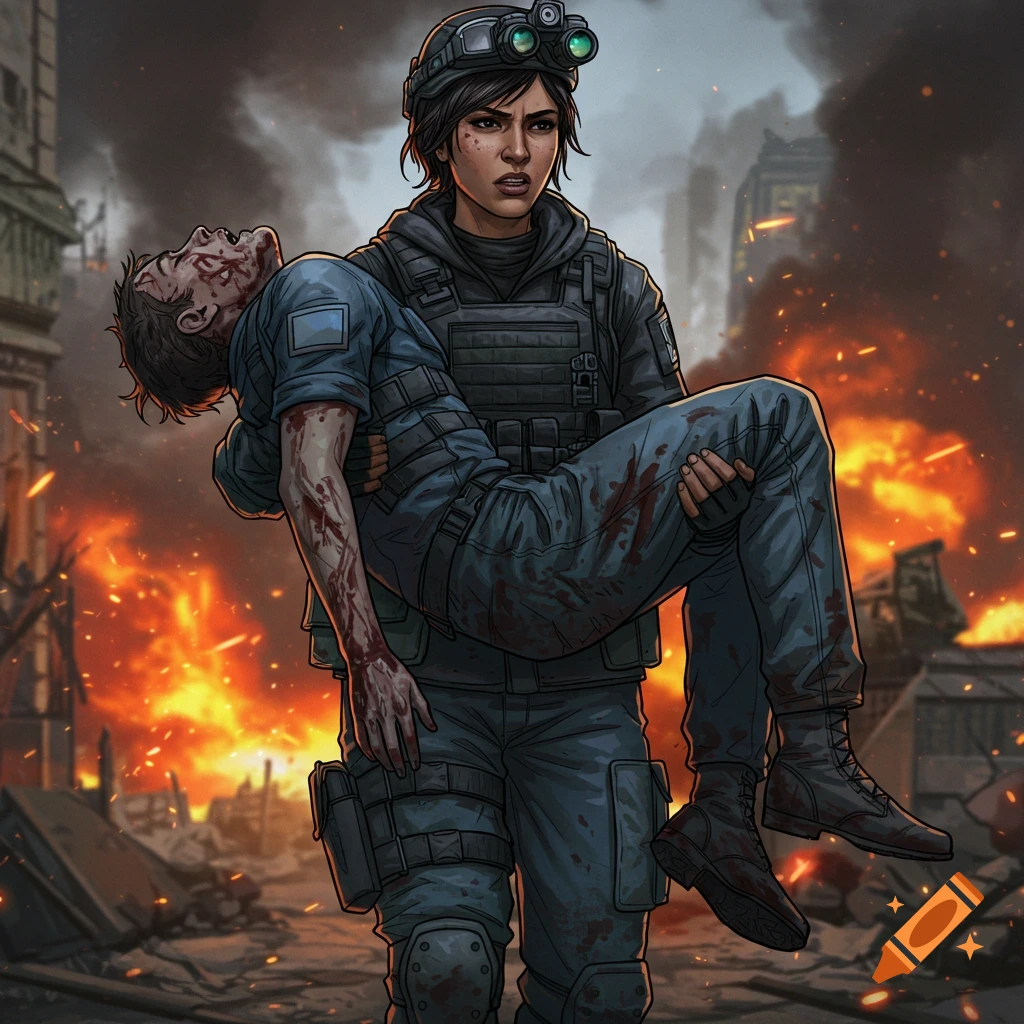 A female tactical soldier carrying an injured teammate through a warzone.