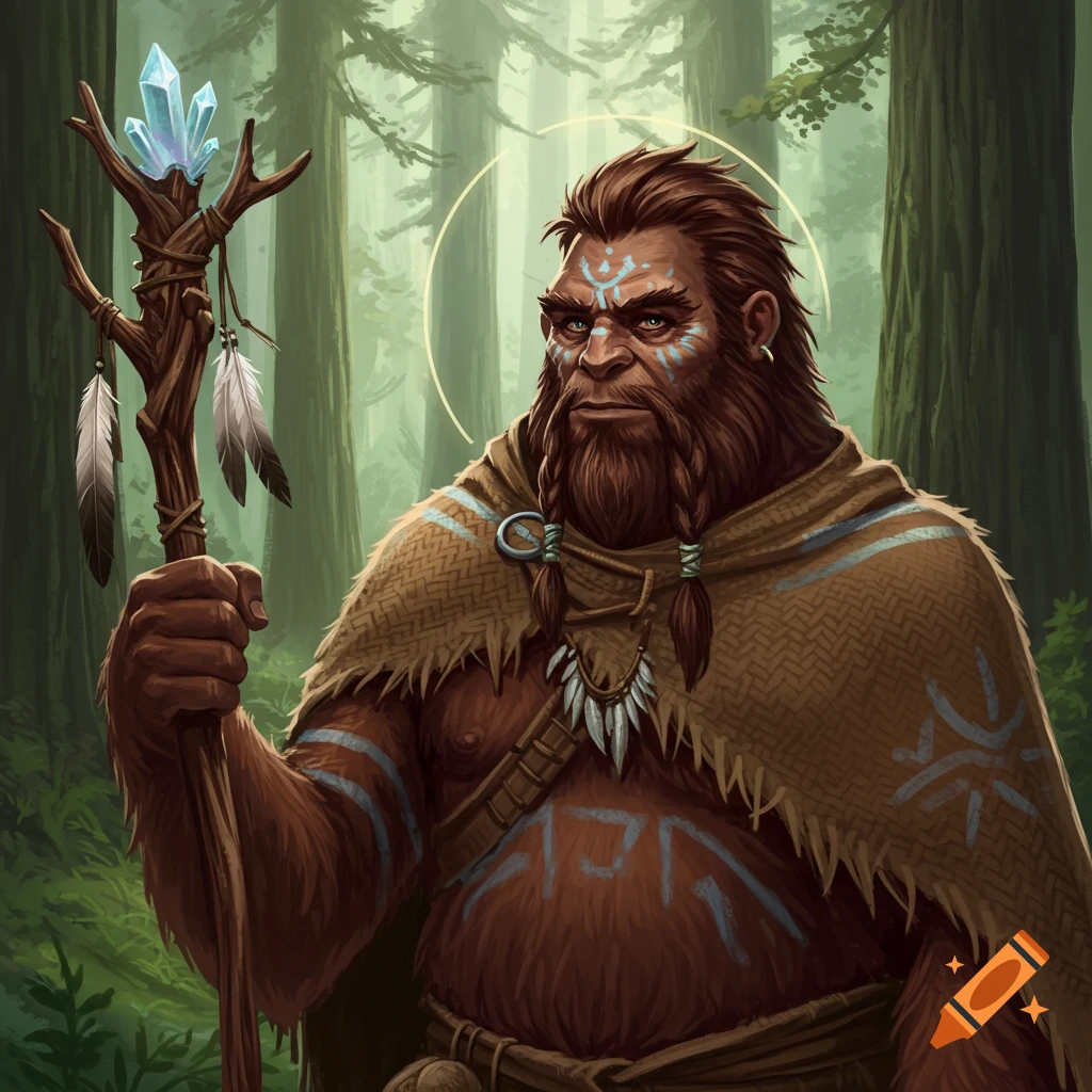 A Sasquatch mystic leader holds a crystal staff in a forest.