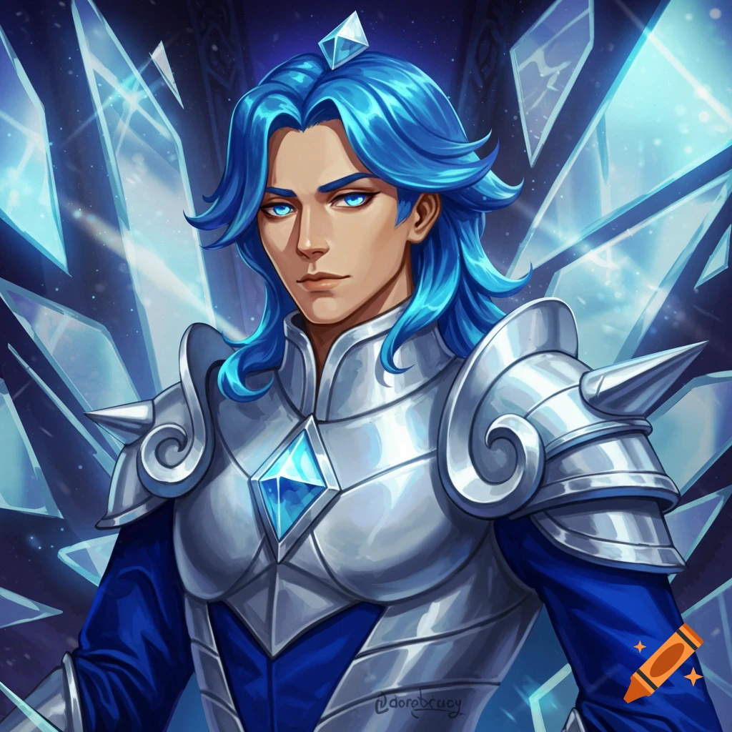 Male character with blue hair in ice-themed armor against shattered ice.