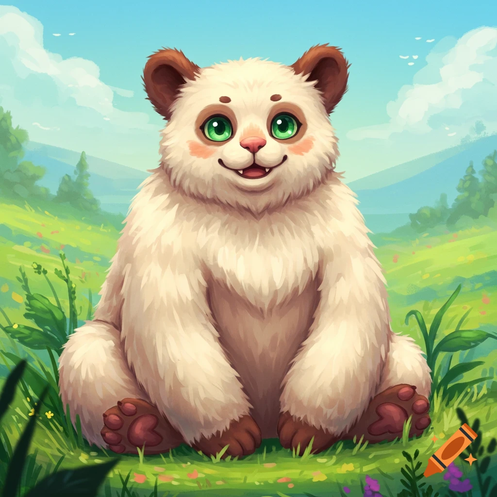 A cute furry fantasy creature sitting in a grassy field with a blue sky.