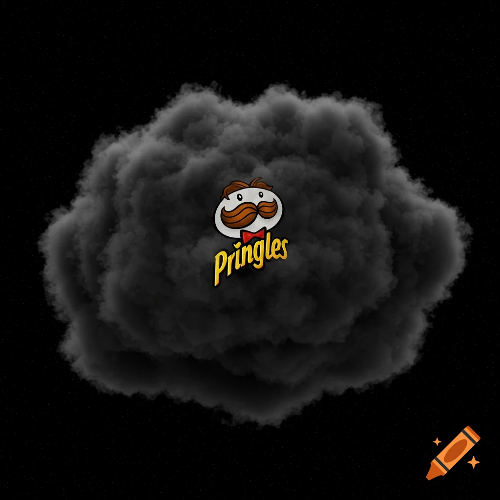 The Pringles logo with the name emerging from a dark cloud.