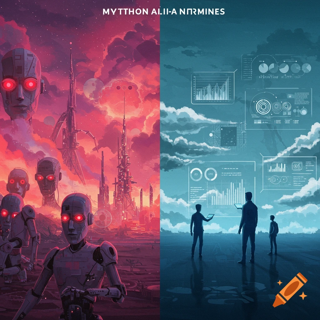 Split image showing sci-fi robots/city under red sky on left, people viewing data visualization under blue sky on right.