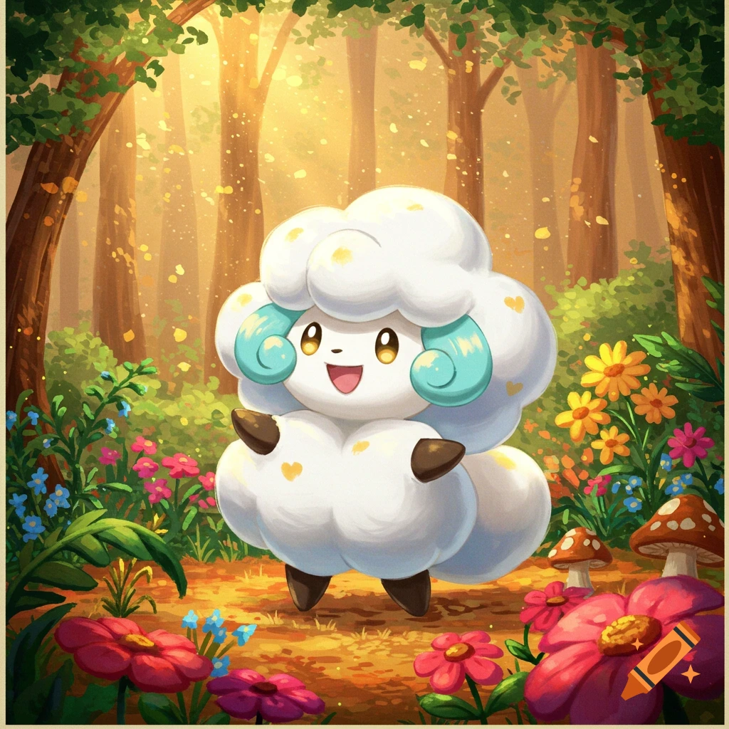 Whimsicott in a sunny forest clearing surrounded by flowers and mushrooms