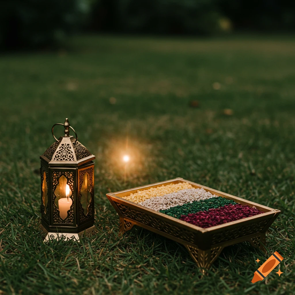 An ornate metal lantern sits on grass next to a decorative tray filled with colorful stripes of small items.
