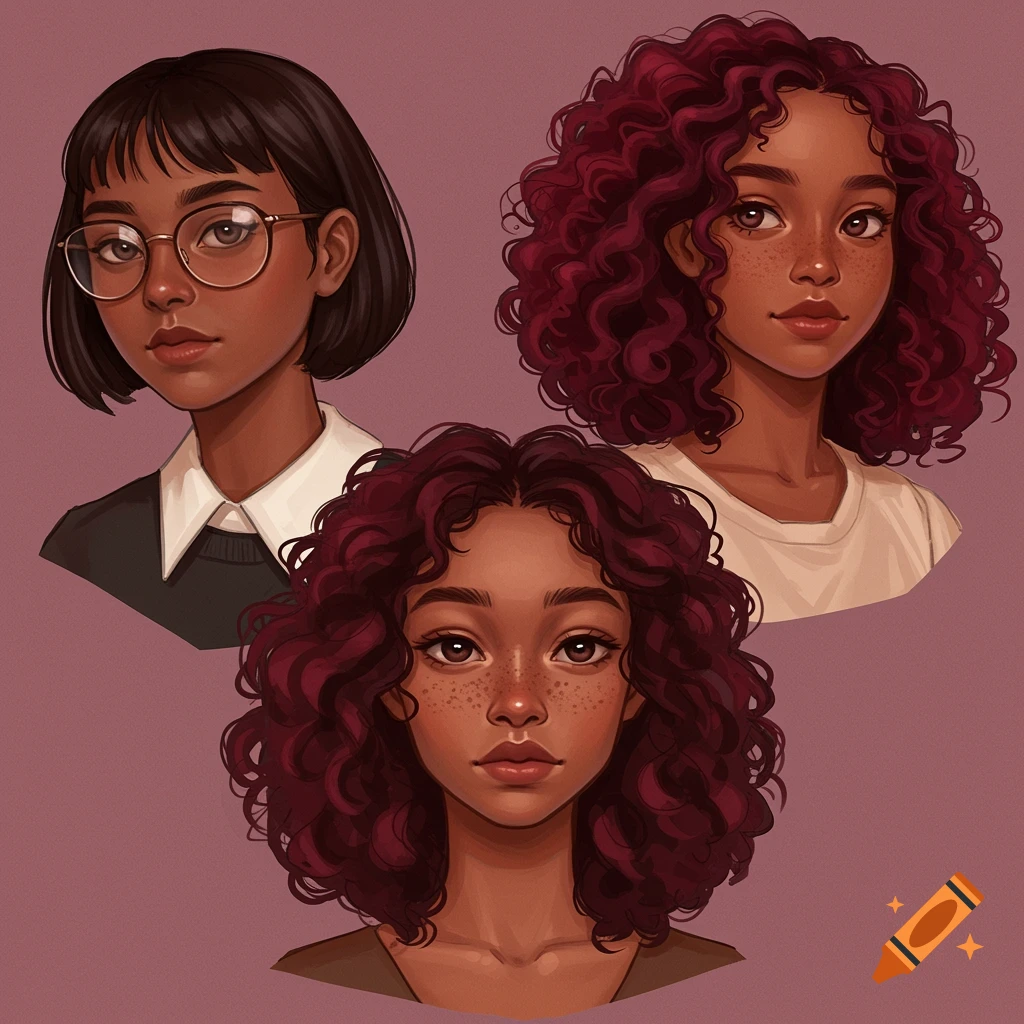 Three stylized portraits of young women with different hairstyles and skin tones.