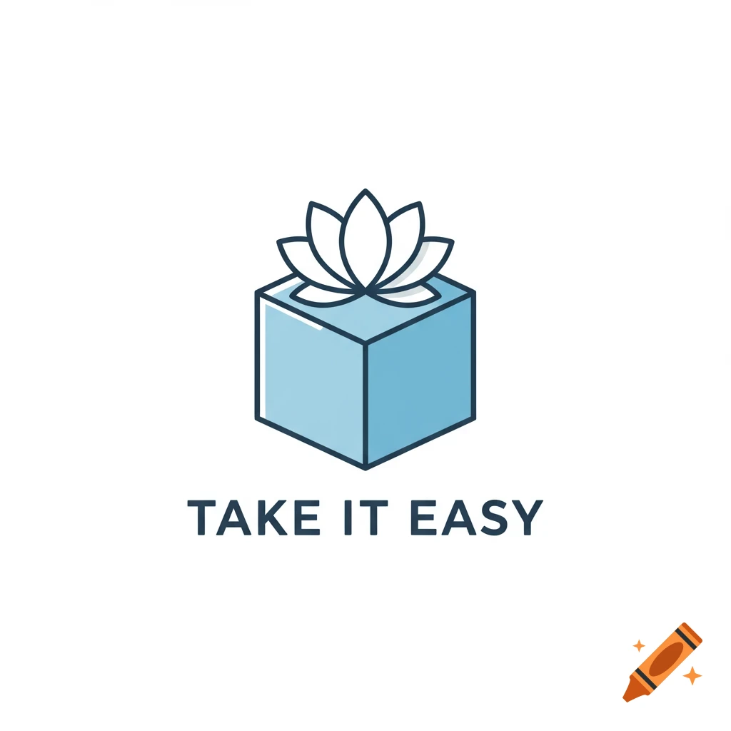 Logo illustration of a blue box with a lotus flower on top and the text "TAKE IT EASY" below.