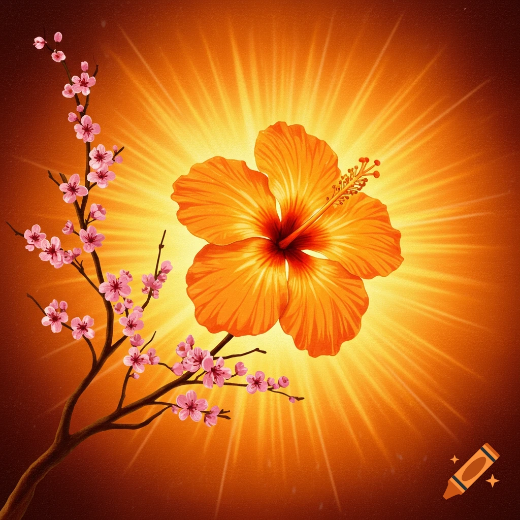 An orange hibiscus is bathed in sun rays, with pink cherry blossoms surrounding it.