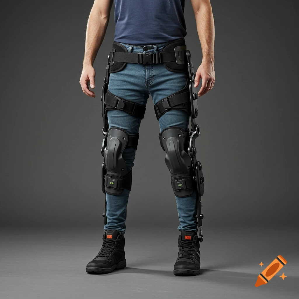Person wearing a leg exoskeleton over jeans, photorealistic