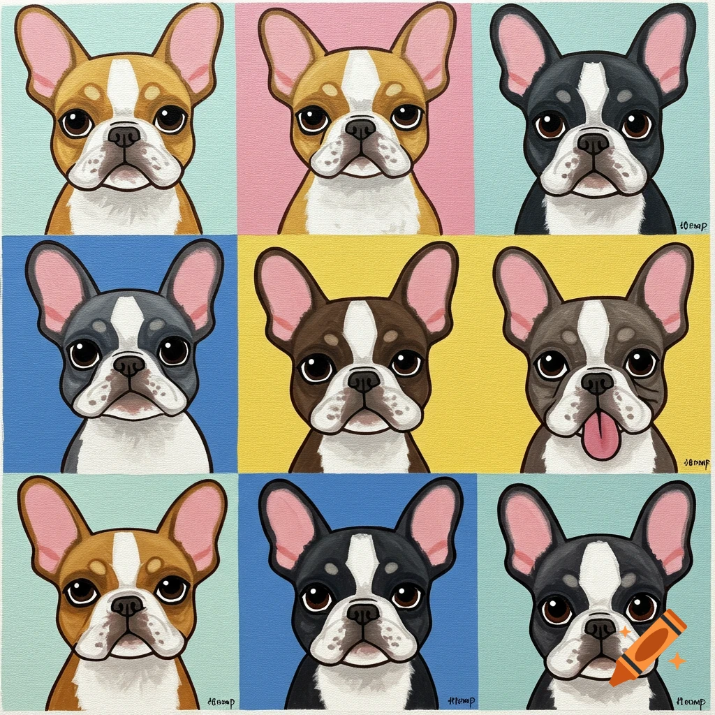 Grid of nine cartoon French Bulldog portraits with different expressions and backgrounds