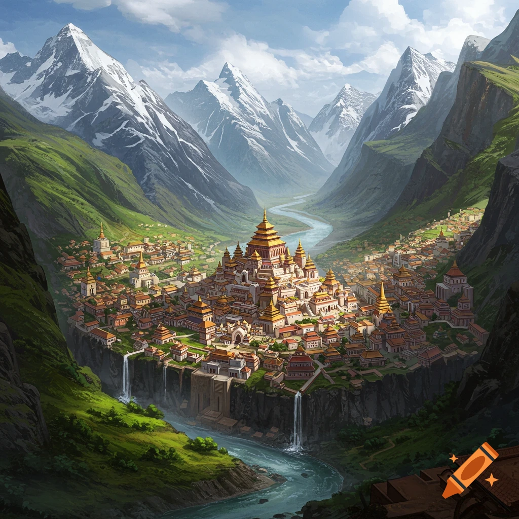 A large ancient city of temple complexes sits in a deep valley with mountains, a river, and waterfalls.