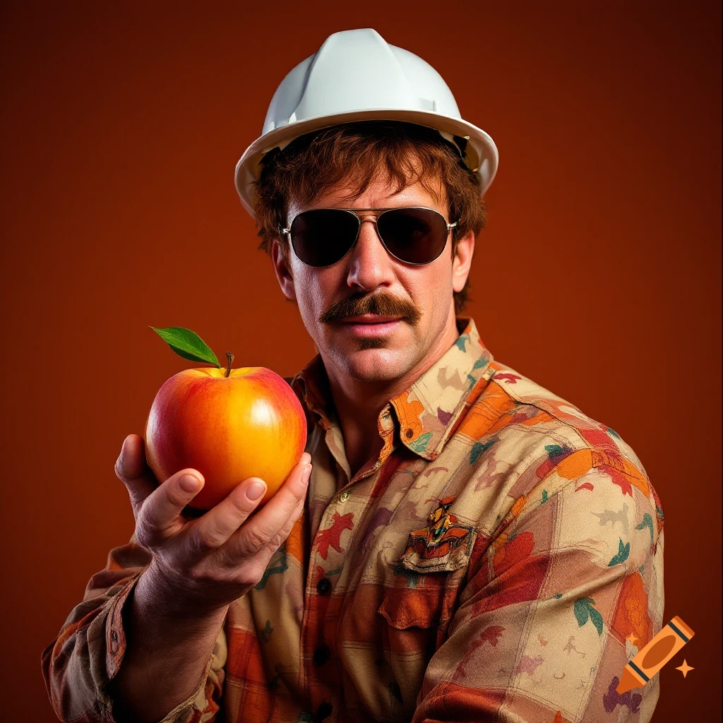Man resembling Austin Powers in a hard hat and sunglasses holding an apple, portrait.