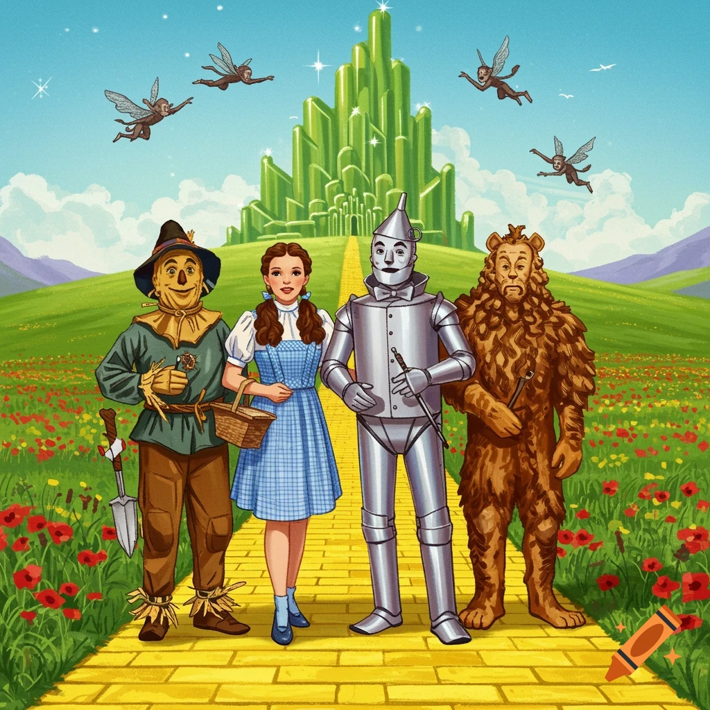 Dorothy, Scarecrow, Tin Man, and Cowardly Lion on the yellow brick road towards the Emerald City.