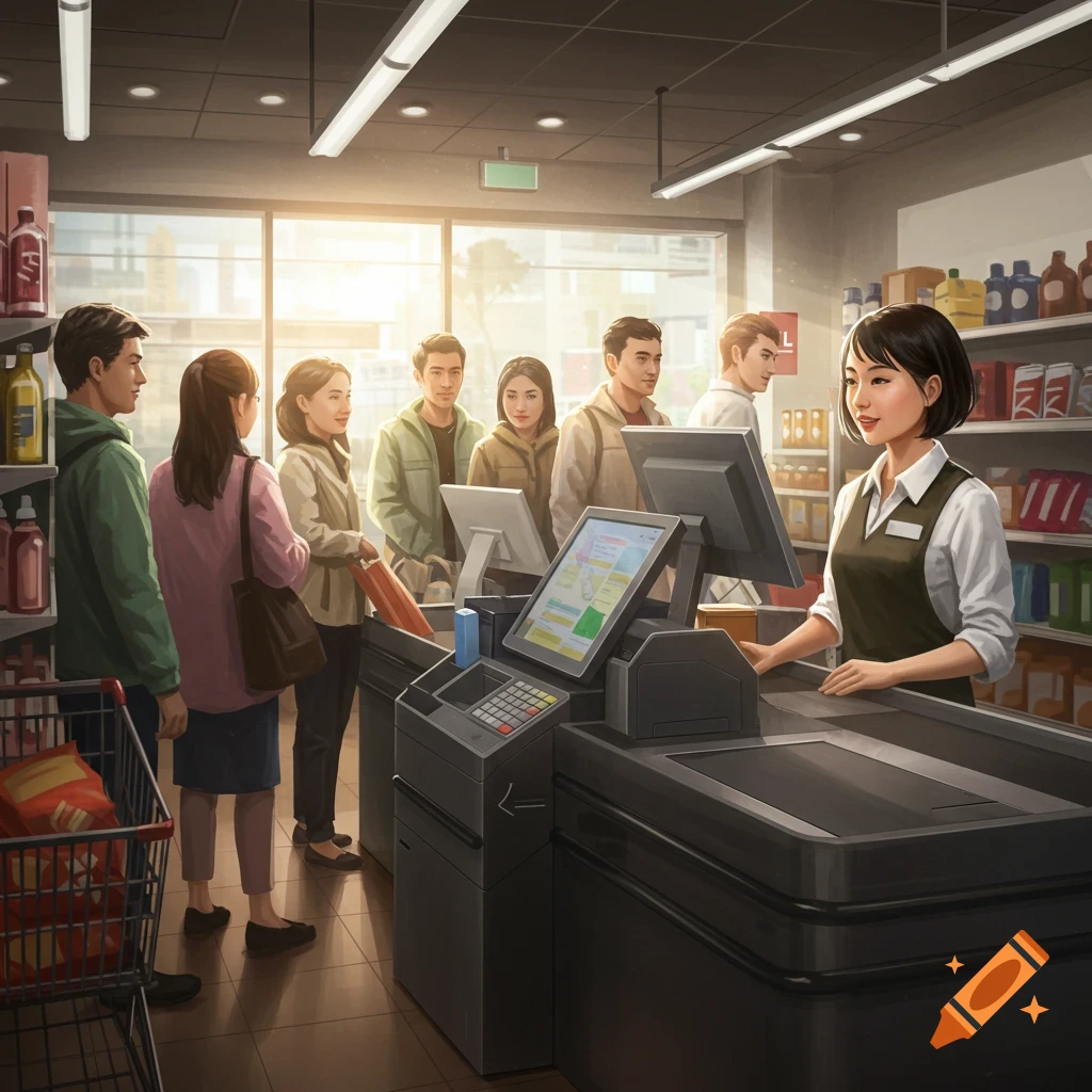 People standing in line at a supermarket checkout lane.