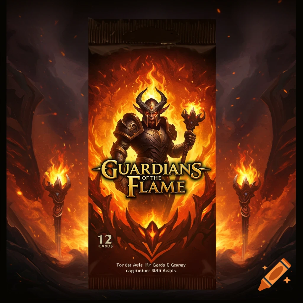 Fantasy card game booster pack with armored character and fire