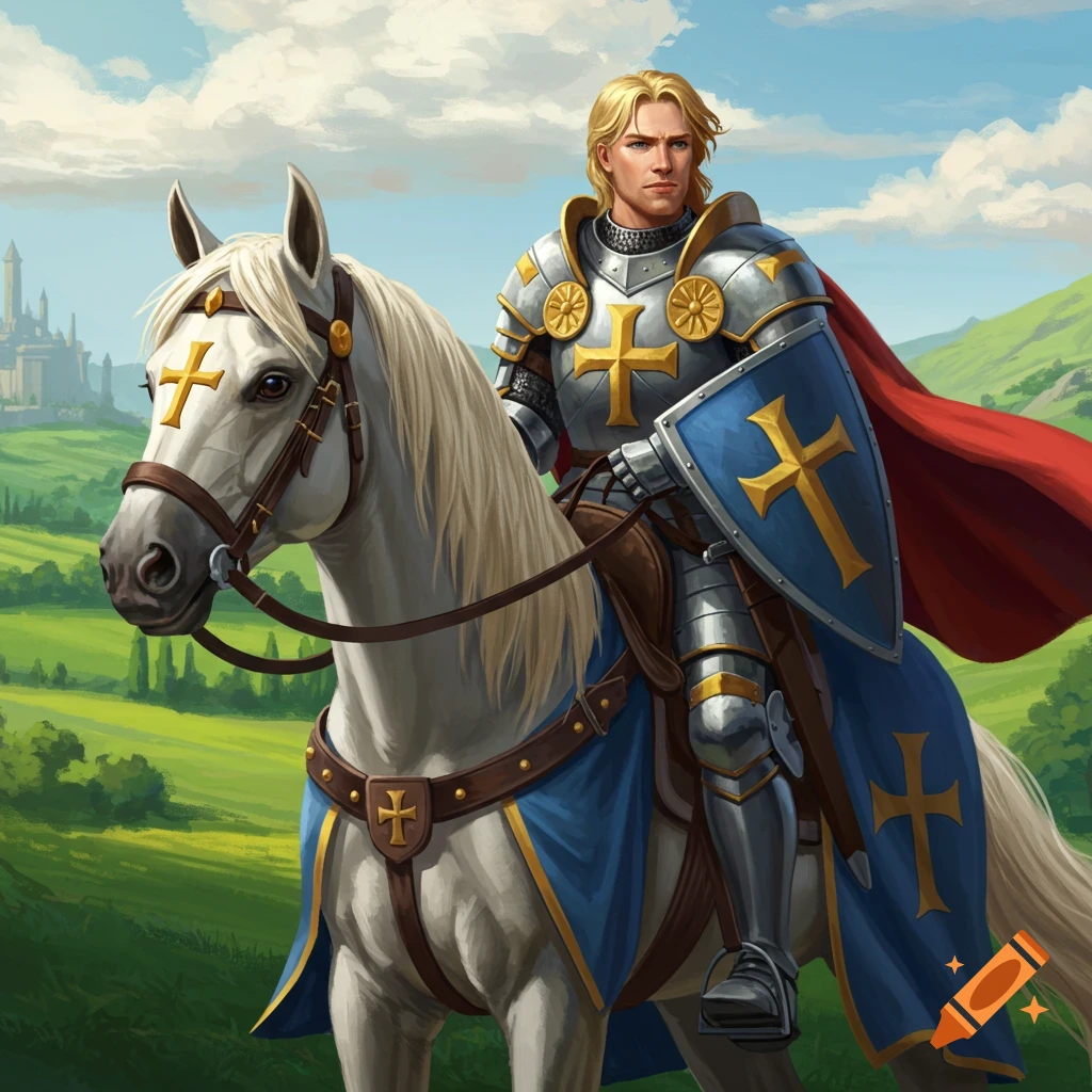 A blond knight in silver armor with gold crosses rides a white horse through a green landscape with a castle in the distance.