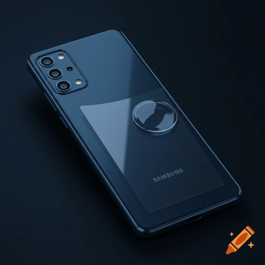 Close-up of a dark blue Samsung phone with a protective film and ring attachment on a dark background.