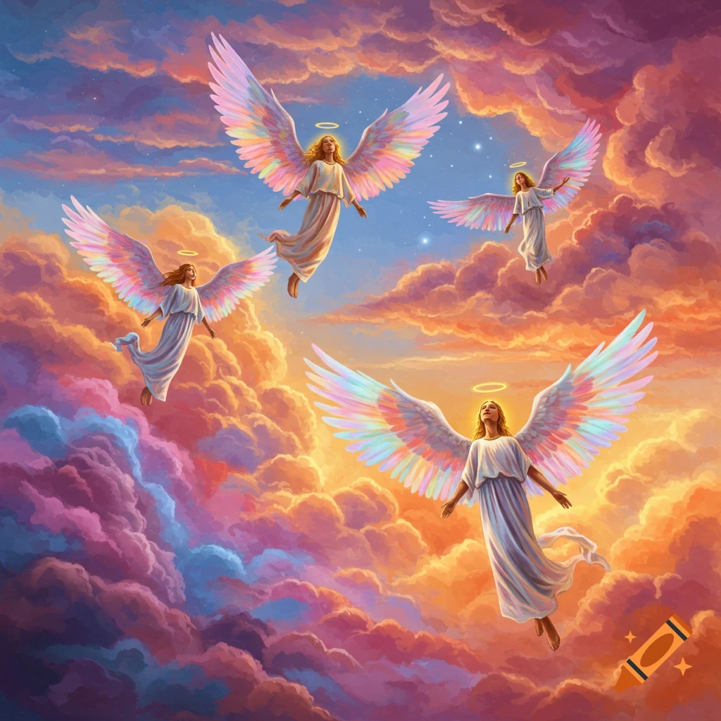 Four angels flying through vibrant, colorful clouds in the sky.