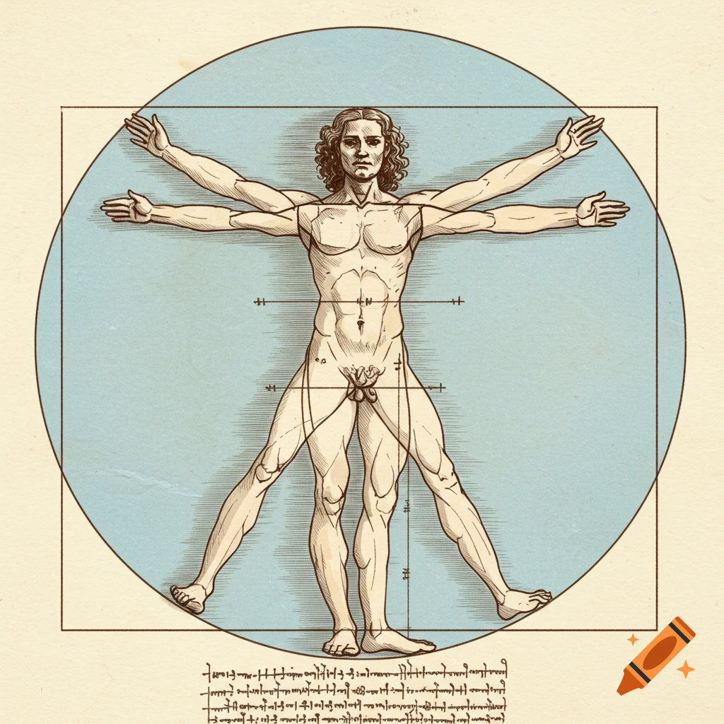 Illustration of Vitruvian Man in a circle and square