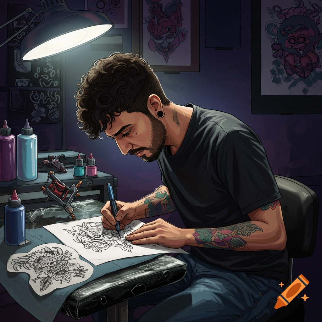 A tattoo artist is drawing designs.