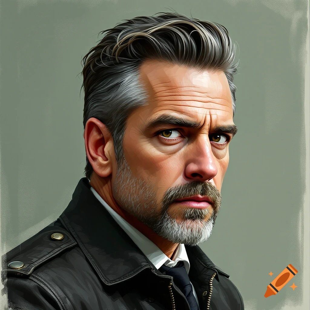 Close-up portrait of a man with grey hair and beard wearing a black leather jacket.