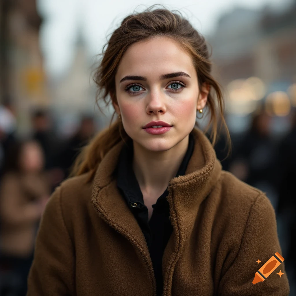 Photorealistic portrait of a young woman with brown hair and blue eyes wearing a brown coat, blurred city background.