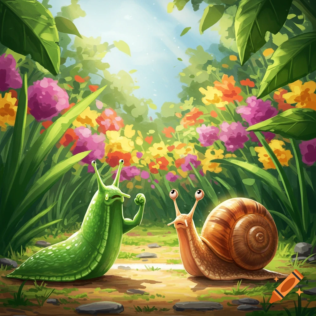 A green cartoon slug flexing its arm at a brown cartoon snail in a colorful garden.