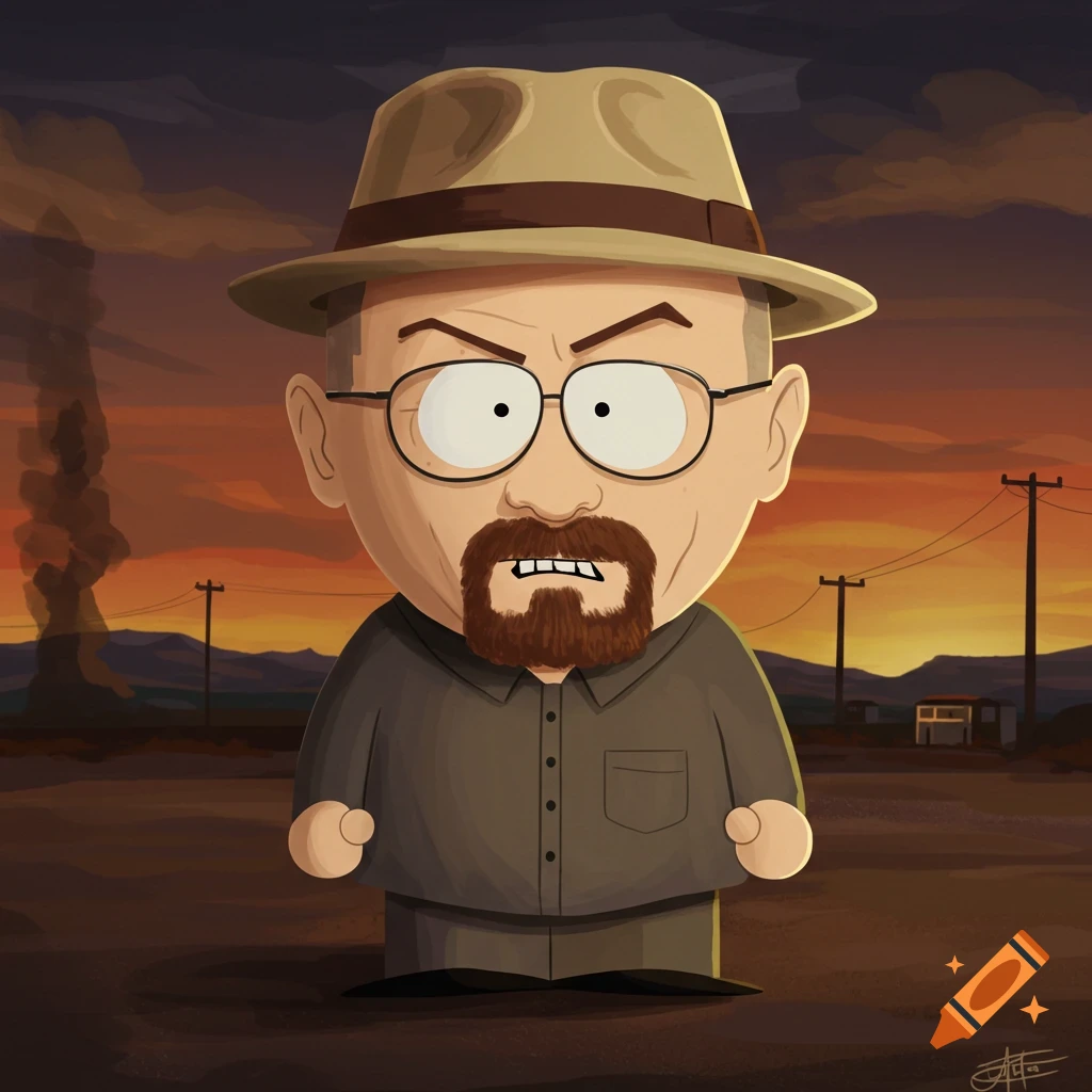 South Park style cartoon of Walter White from Breaking Bad against a desert sunset