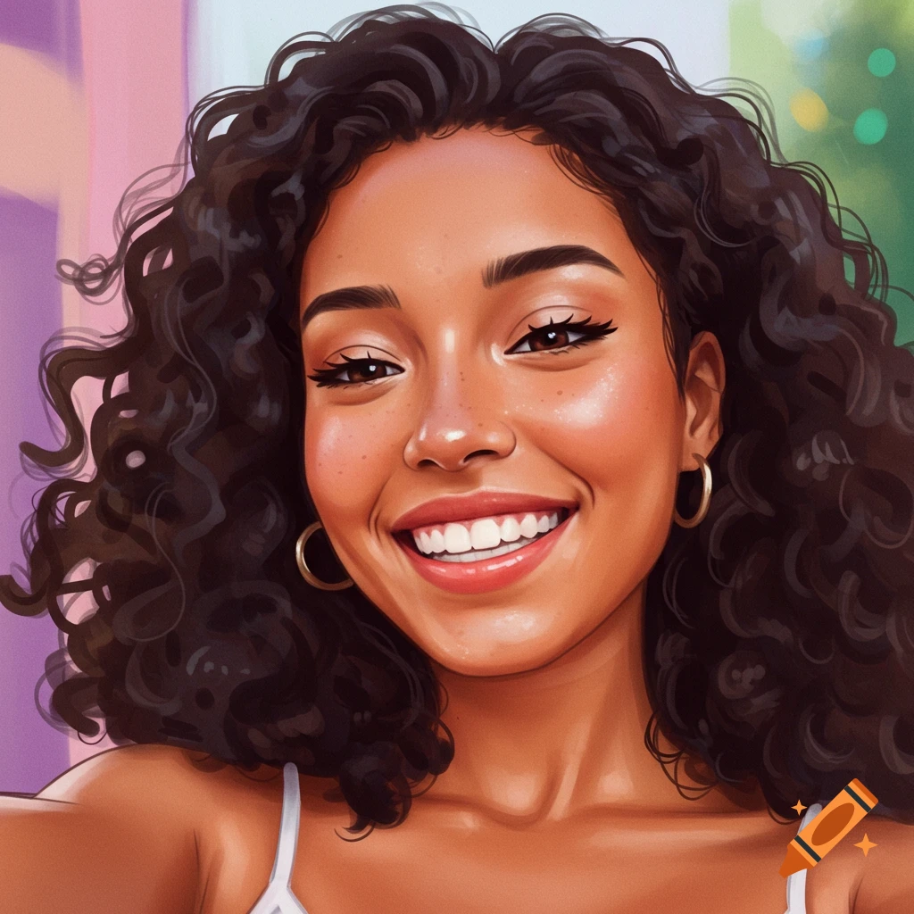 A woman with curly hair is smiling as she takes a selfie.