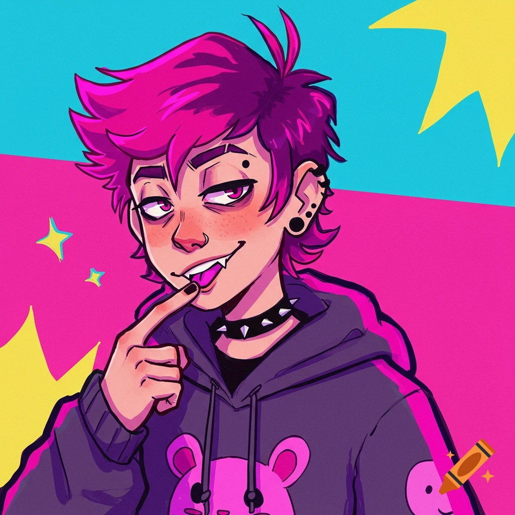 Stylized portrait of a person with pink spiky hair, piercings, and fangs, wearing a hoodie with a bear design.