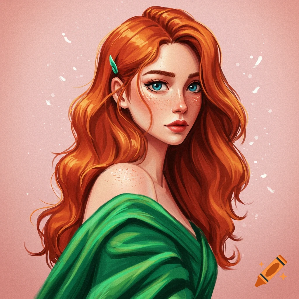 A woman with long red hair, freckles, and blue eyes, wearing a green drape.