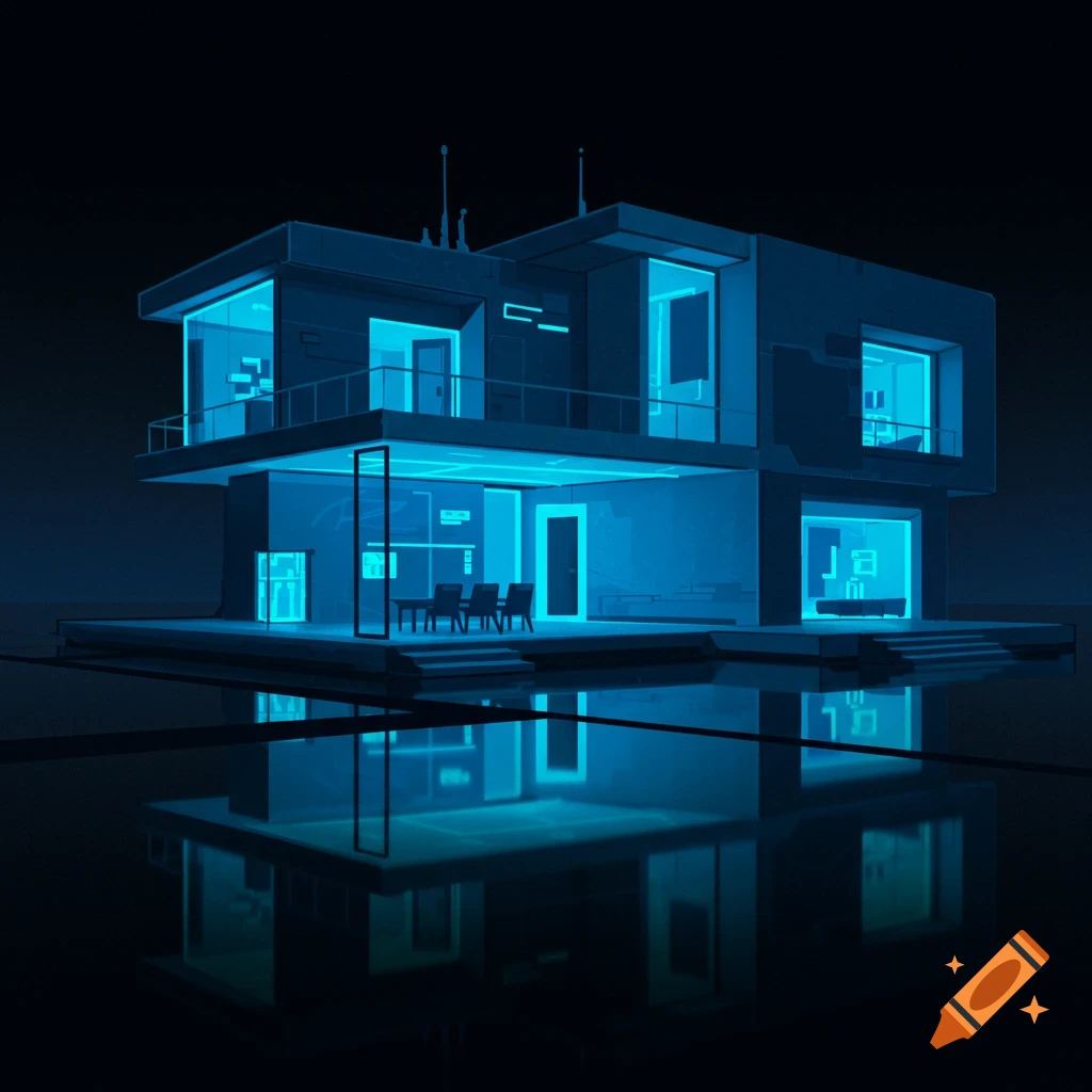 A futuristic house with glowing blue lights reflected in water at night.