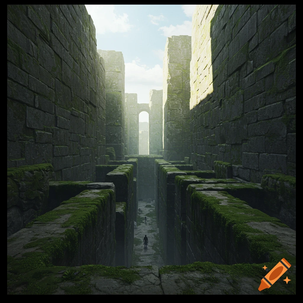 A person stands in a vast, moss-covered stone maze under a bright sky.