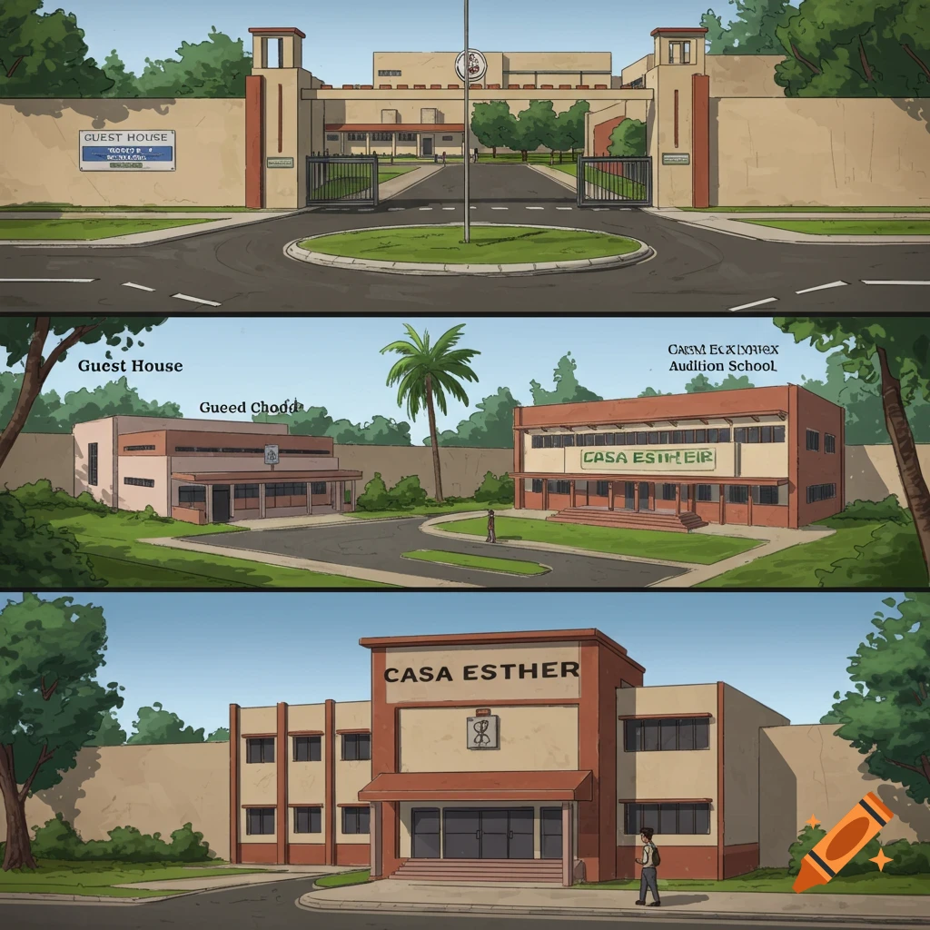 A campus with an entrance gate, guest house, and school buildings.