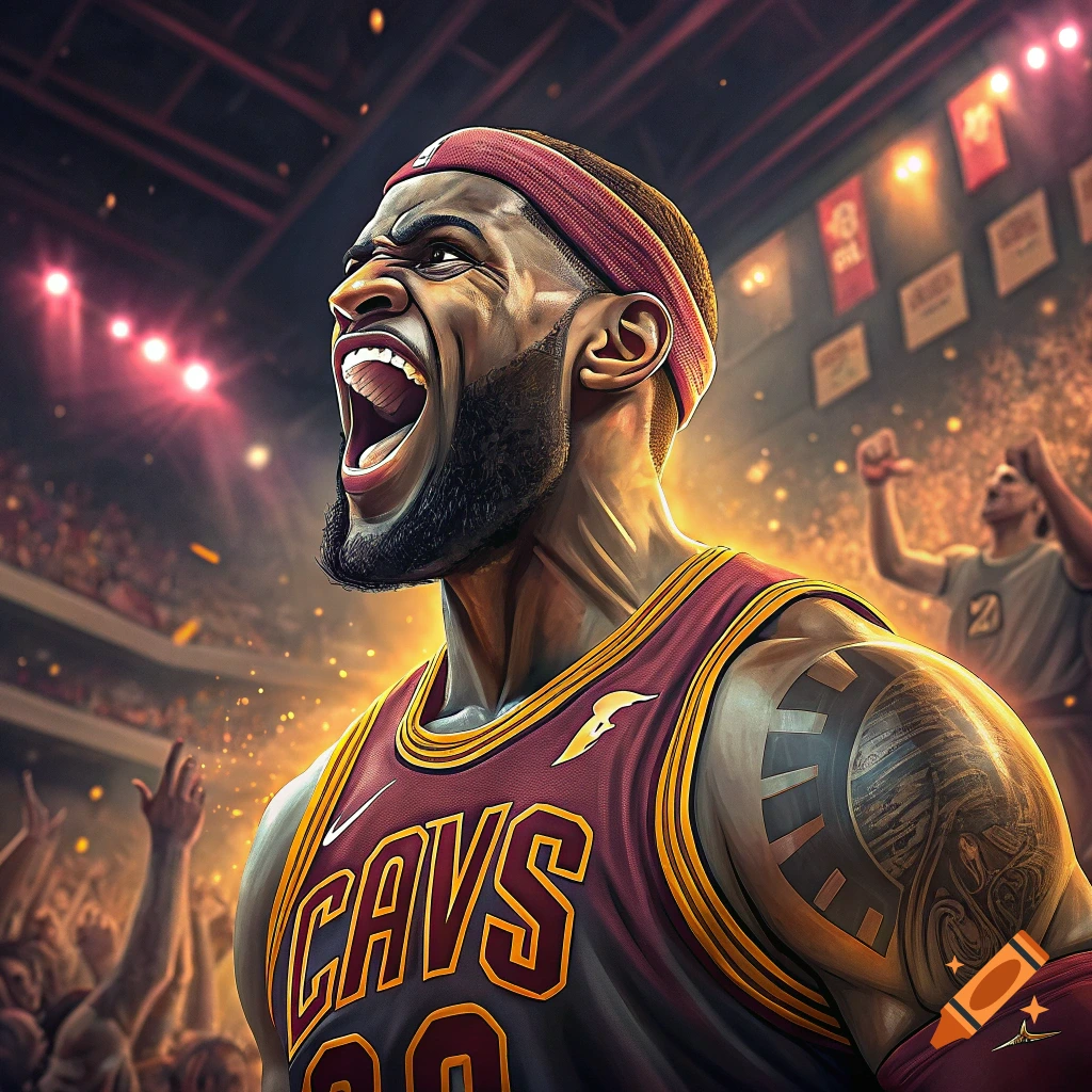 A basketball player in a Cavaliers jersey screaming on a court during a game.