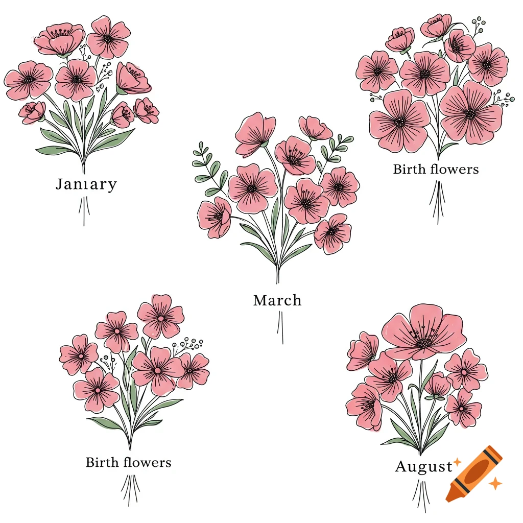 Simple line drawings of pink flowers with green stems, labeled with months and 'Birth flowers'.
