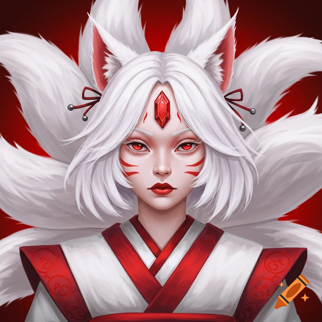 White-haired female Kitsune in a red and white kimono with multiple tails and red facial markings.