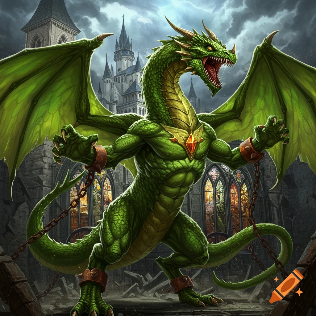 A green dragon with chains bursting free in front of a castle.
