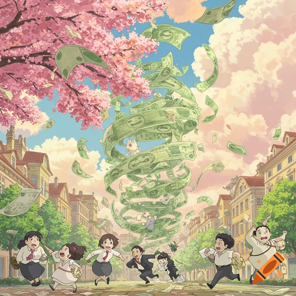 Anime/Ghibli style image of people running from a tornado of money in a town street.
