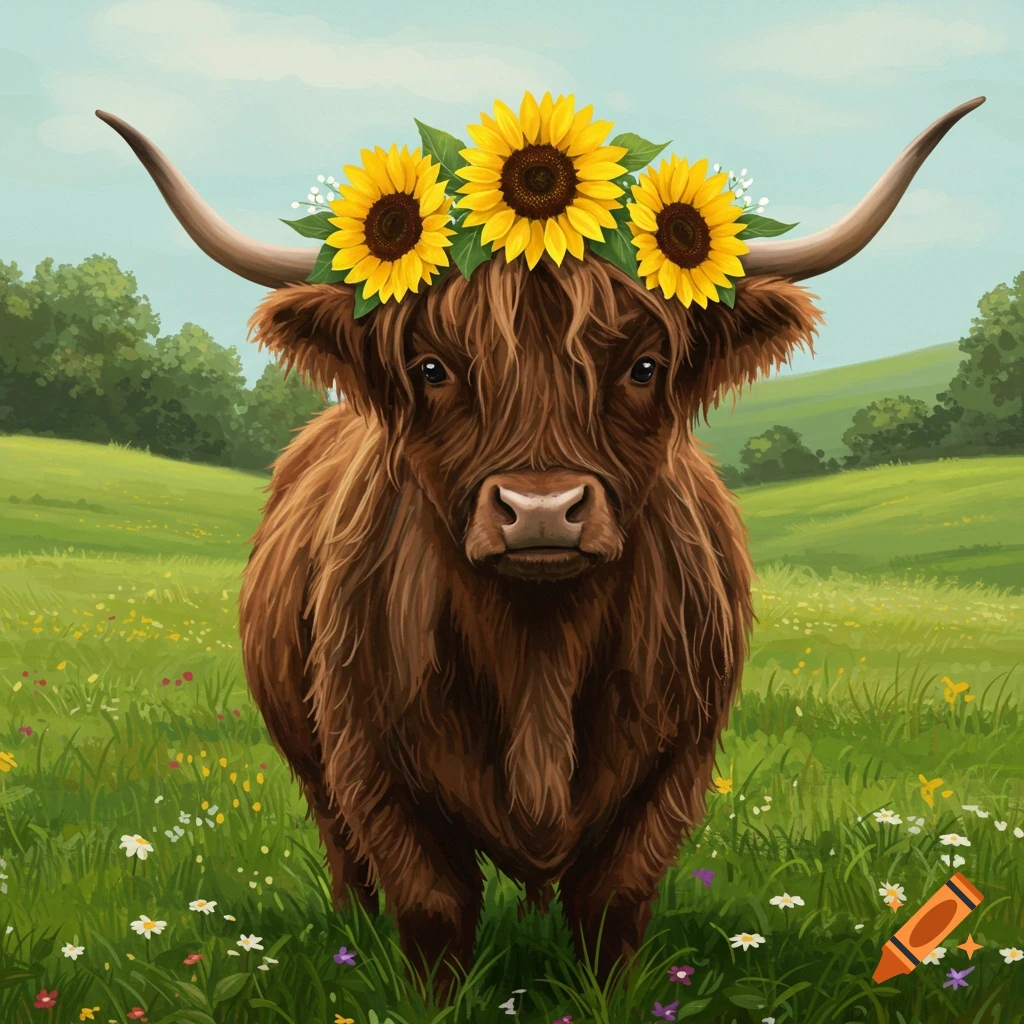 A shaggy Highland cow stands in a field wearing a crown of sunflowers
