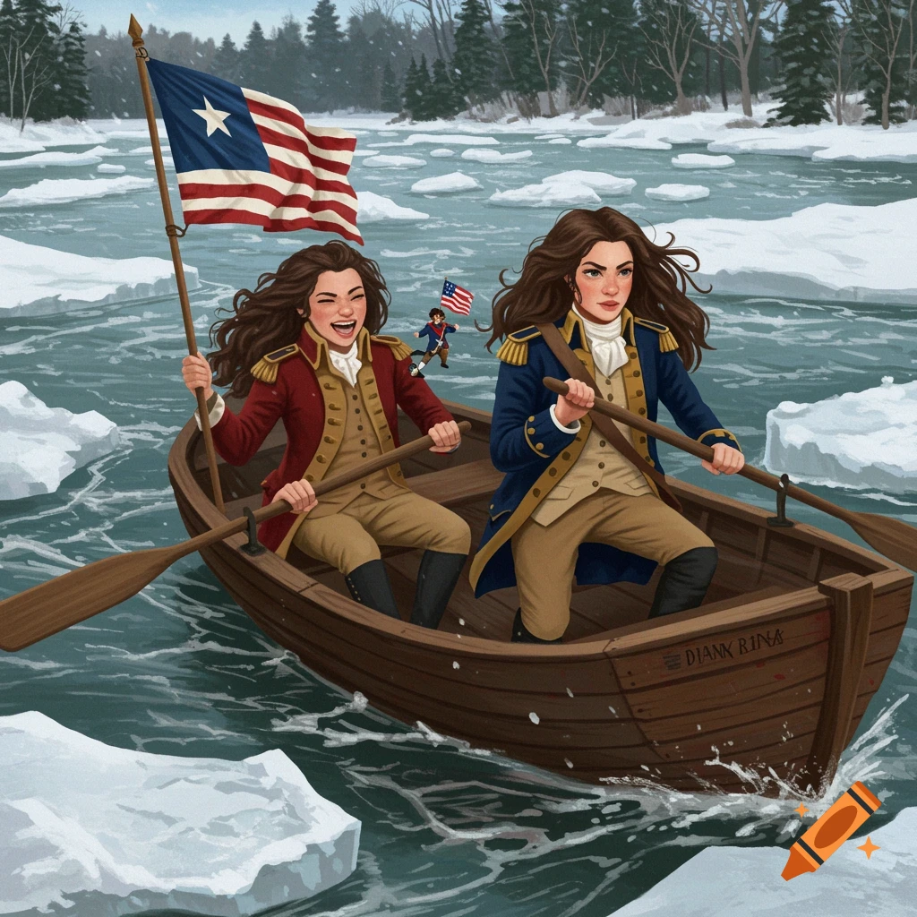 Two young women in historical uniforms are rowing a boat through icy river water, one of them holding a flag.