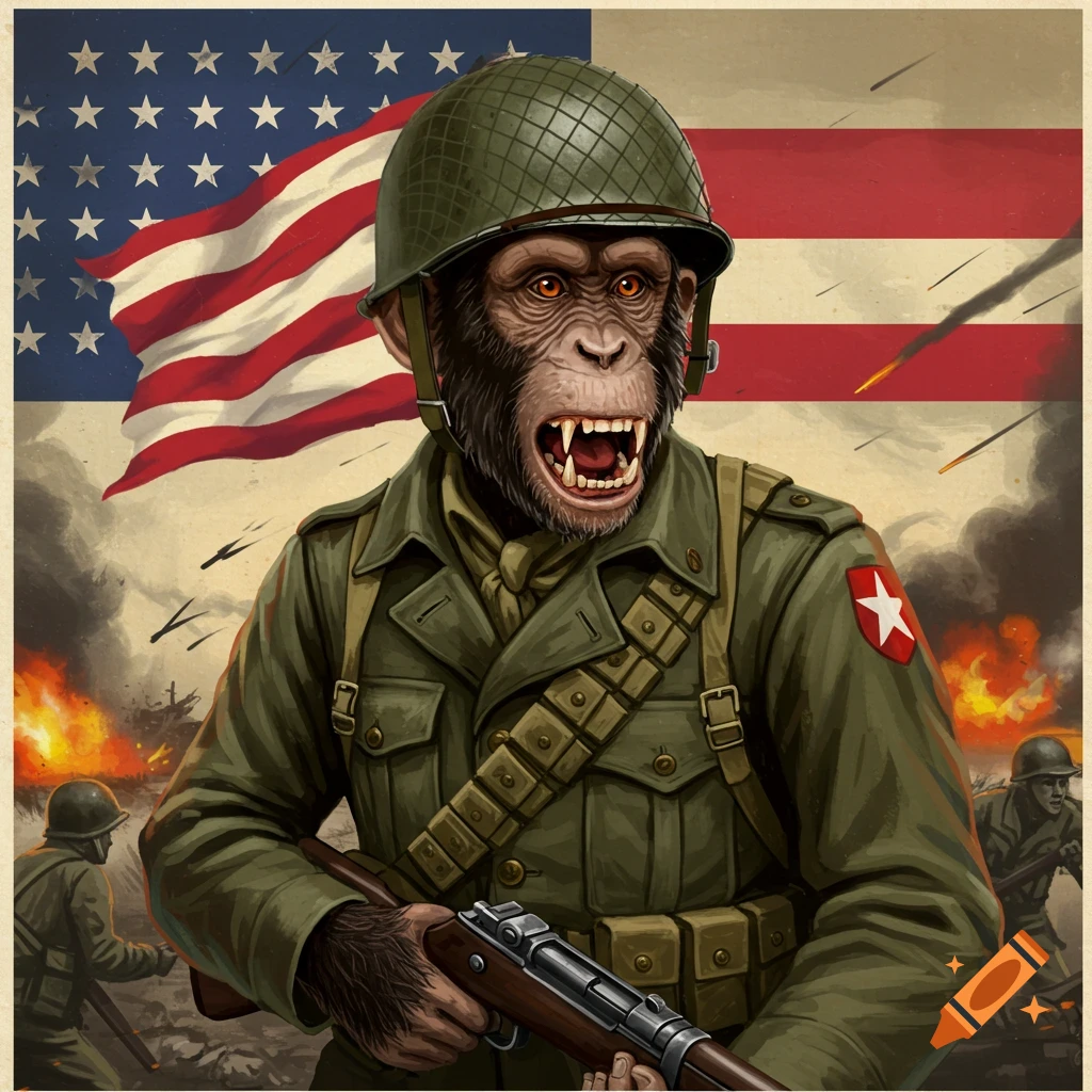 A monkey soldier in a WW2 uniform stands with an American flag against a battlefield backdrop.