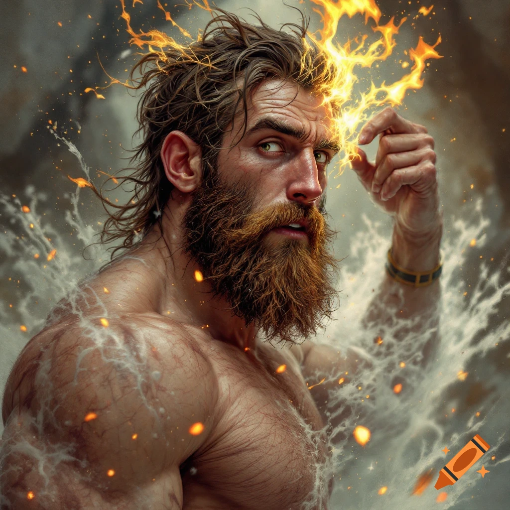 A muscular man with a beard is surrounded by elemental energy and water.