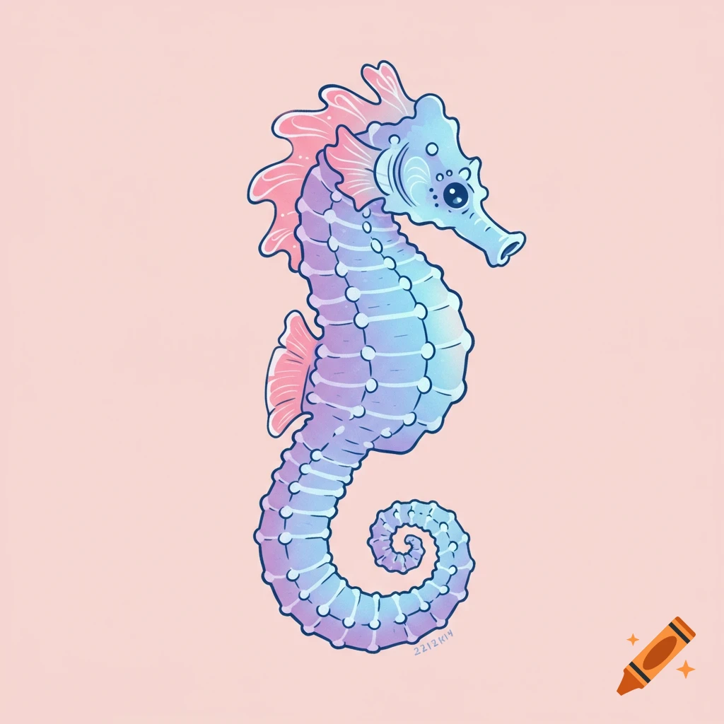A cute illustration of a blue and purple seahorse with pink fins on a light pink background.