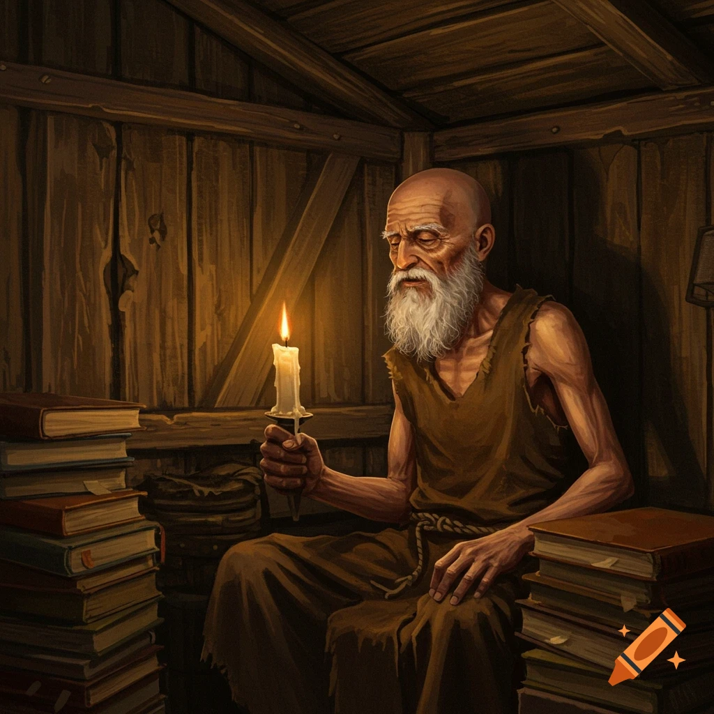 An old hermit holding a candle among stacks of books in a rustic wooden room.
